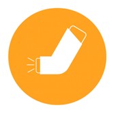 A decorative image showing an inhaler in an orange circle.