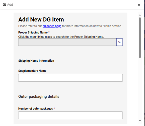 Add a Dangerous Goods Item pop-up window