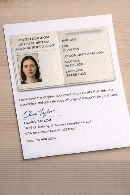 When the certifier enters the certification text on the page, ensure that they do not write over the photo or passport details.
