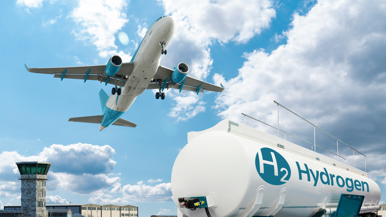 An image of an aeroplane taking off from an airport with a hydrogen fuel tank appearing in the photo to emphasise the story
