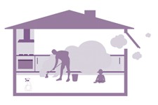 A decorative image showing a silhouette of a person cleaning a kitchen as NMVOC is released by their cleaning products.