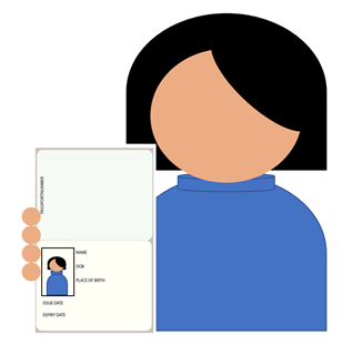 Cartoon of woman holding up a blank passport page with Name, Date of Birth, Place of Birth, Issue Date and Expiry Date.