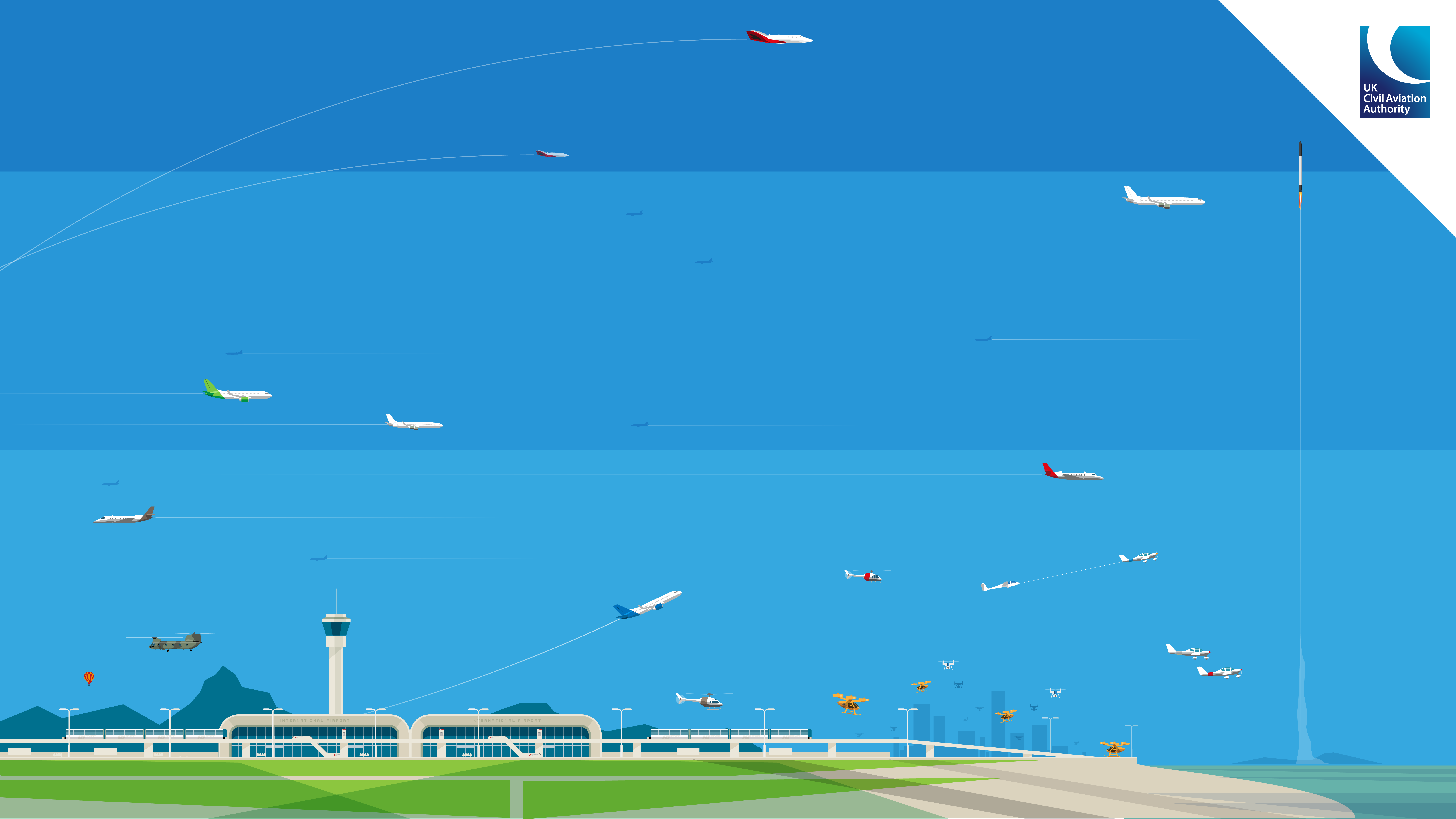 Graphic of various aircraft including drones, helicopters and aeroplanes flying or taking off at an airport